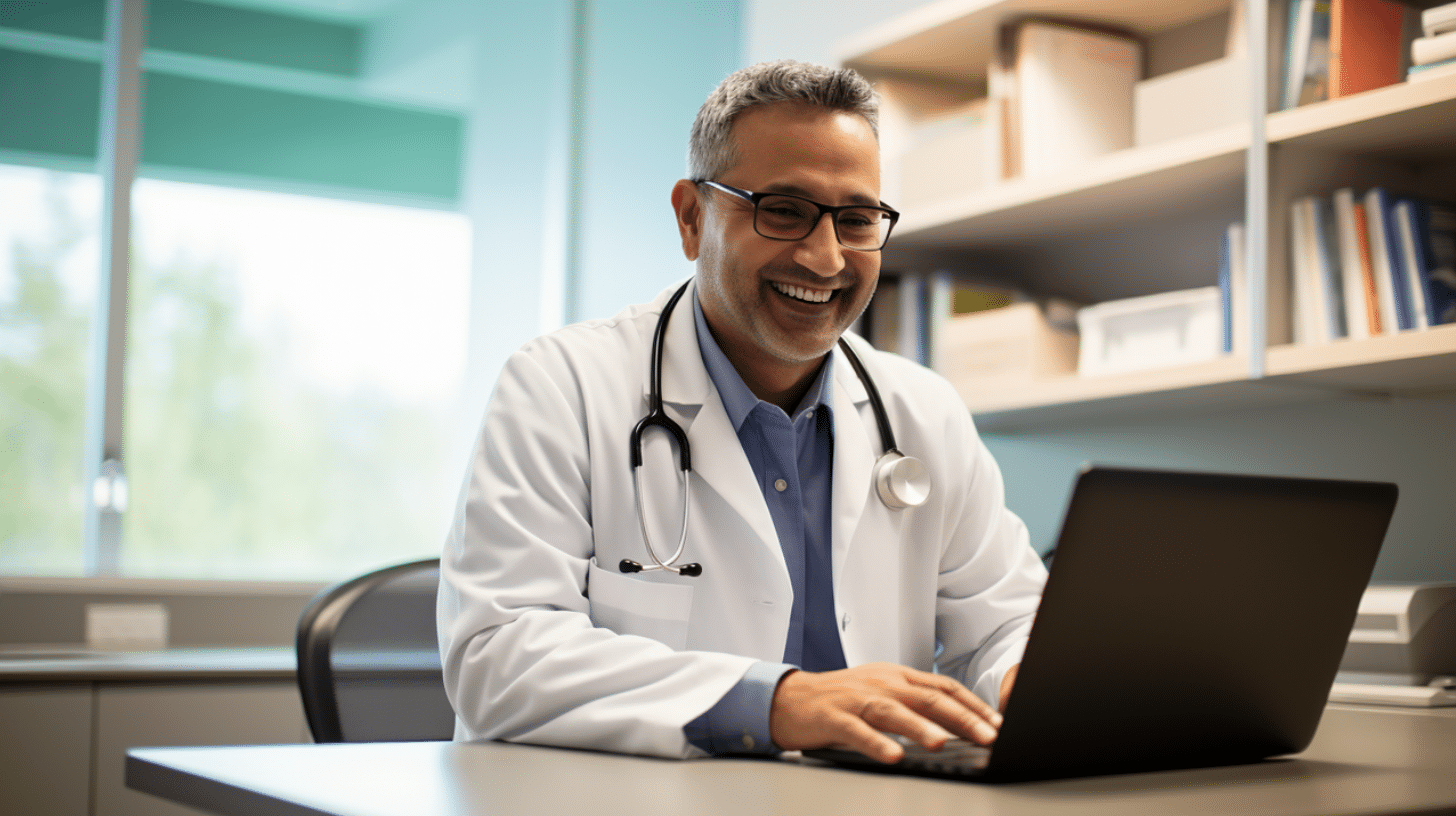 A smiling weight loss doctor having an online consultation with his patient.