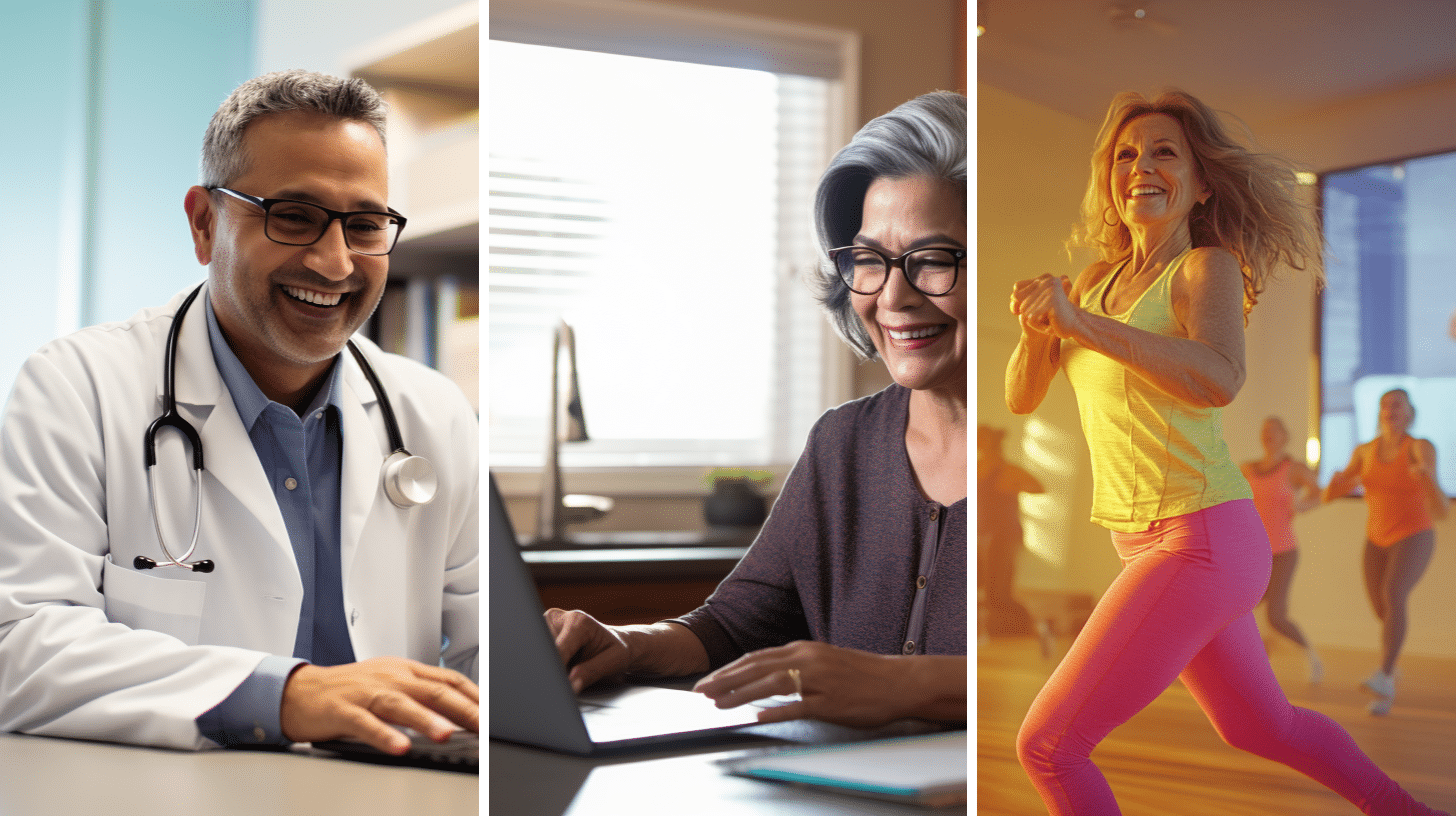 A smiling weight loss doctor having an online consultation with his patient, a smiling patient having a telehealth consultation, and vibrant dance studio filled with a group of cheerful women in their 60s engaging in Zumba exercises.