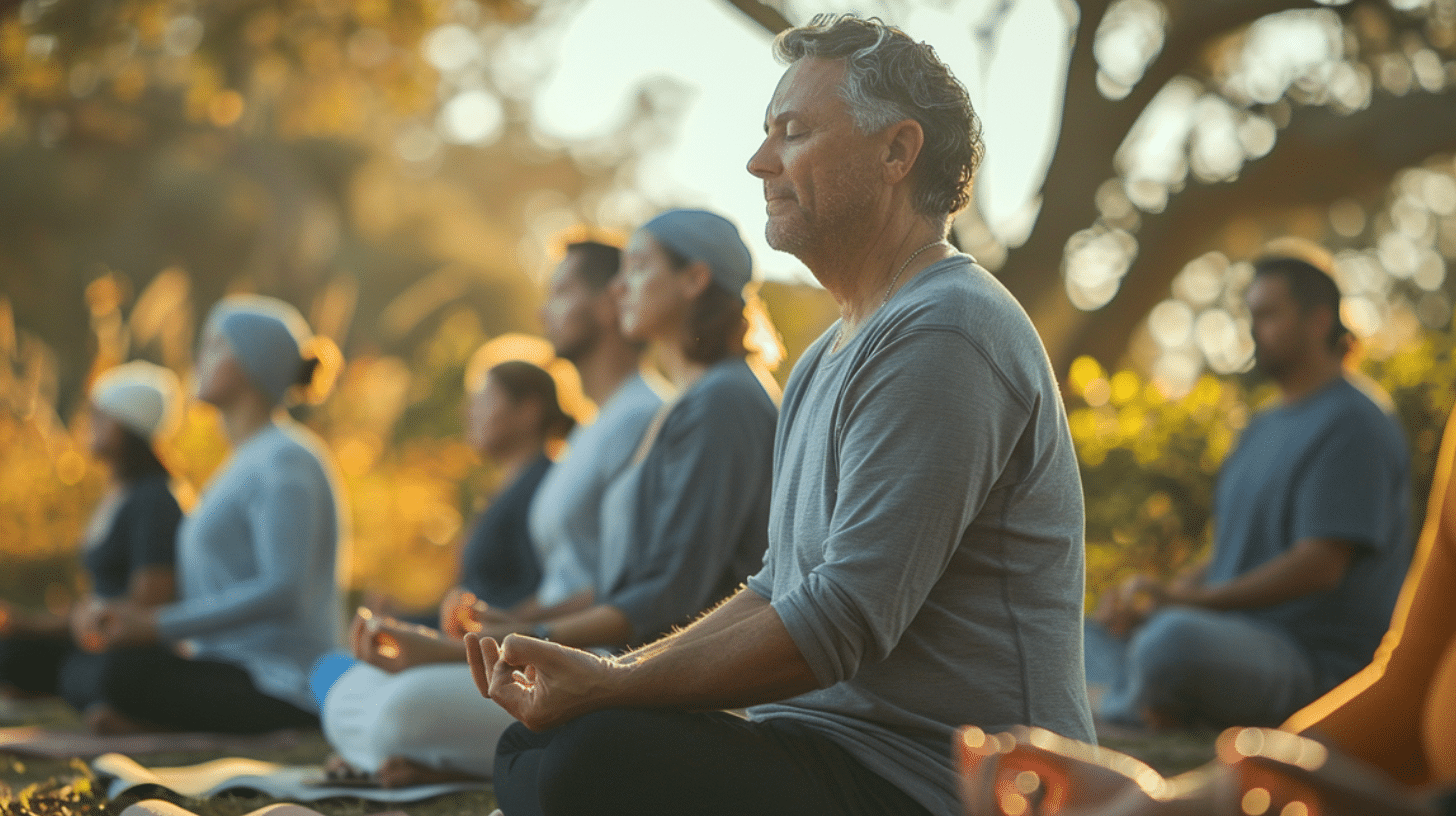 A group of people doing outdoor meditation.