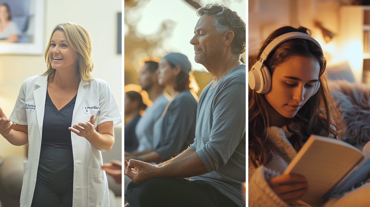 A weight loss doctor explaining to her patients, a group of people doing outdoor meditation, and a woman relaxing and reducing stress by listening to music and reading a book.