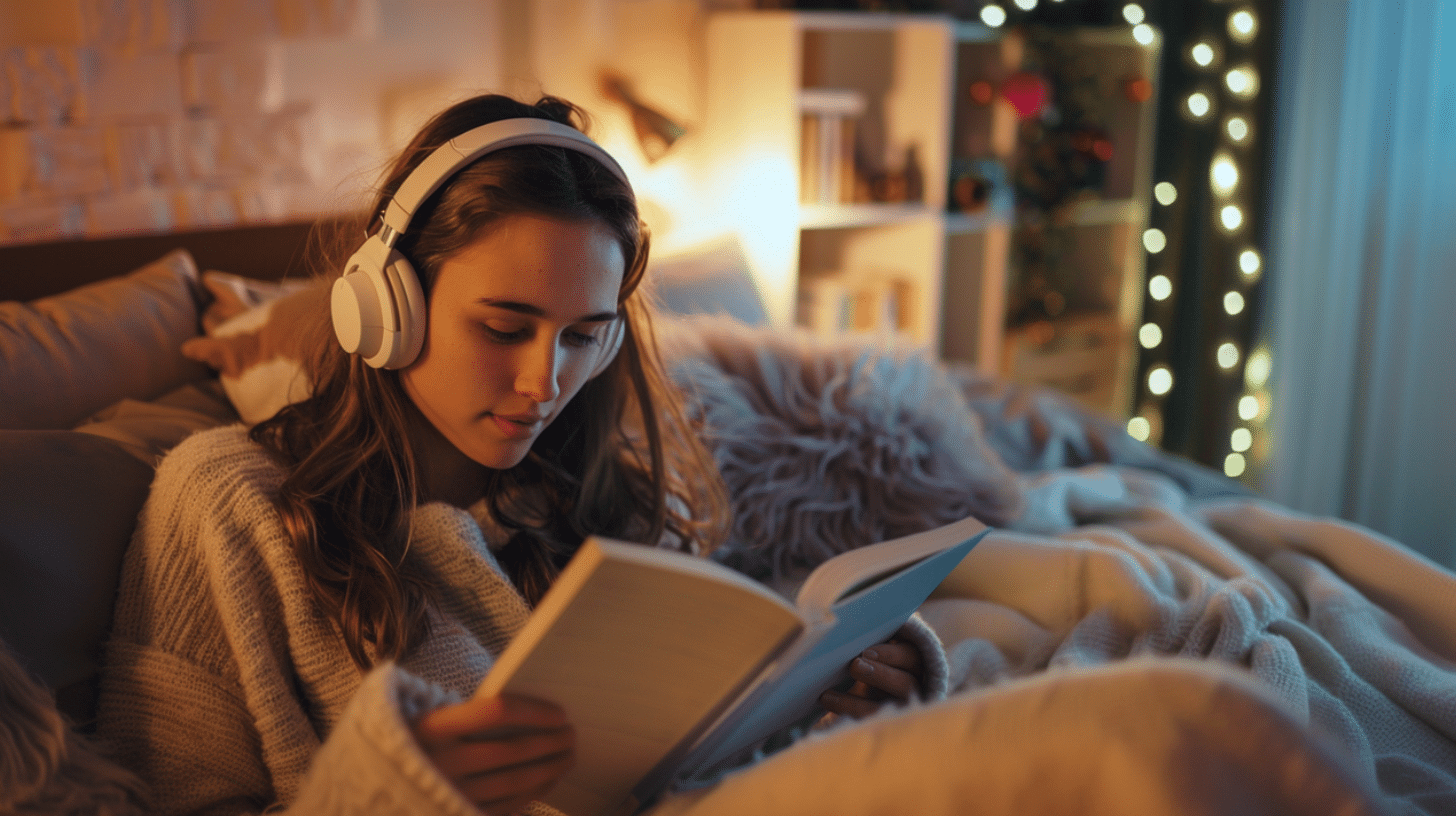 A woman relaxing and reducing stress by listening to music and reading a book.