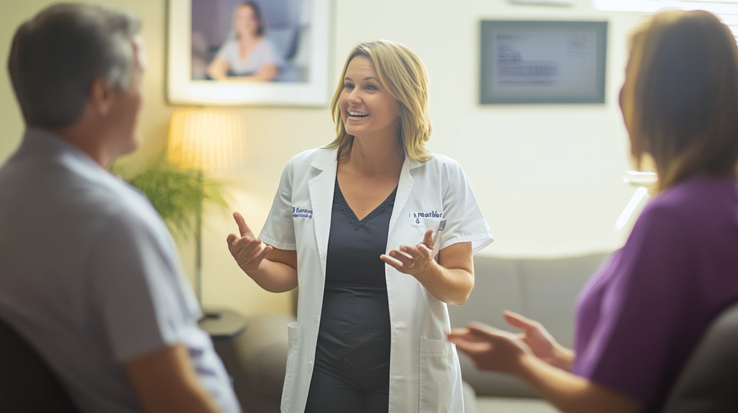 A weight loss doctor explaining to her patients how mind-body programs can effectively support weight management and overall wellness.