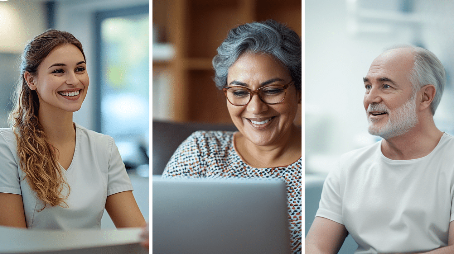 A clinician at the reception desk, a client effortlessly booking an appointment online, and a weight loss patient discussing their goals and concerns with a weight loss specialist.