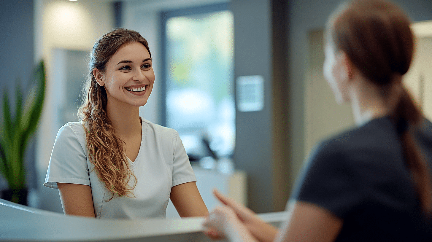 A clinician at the reception desk answering a client’s question about the clinic’s services and features.