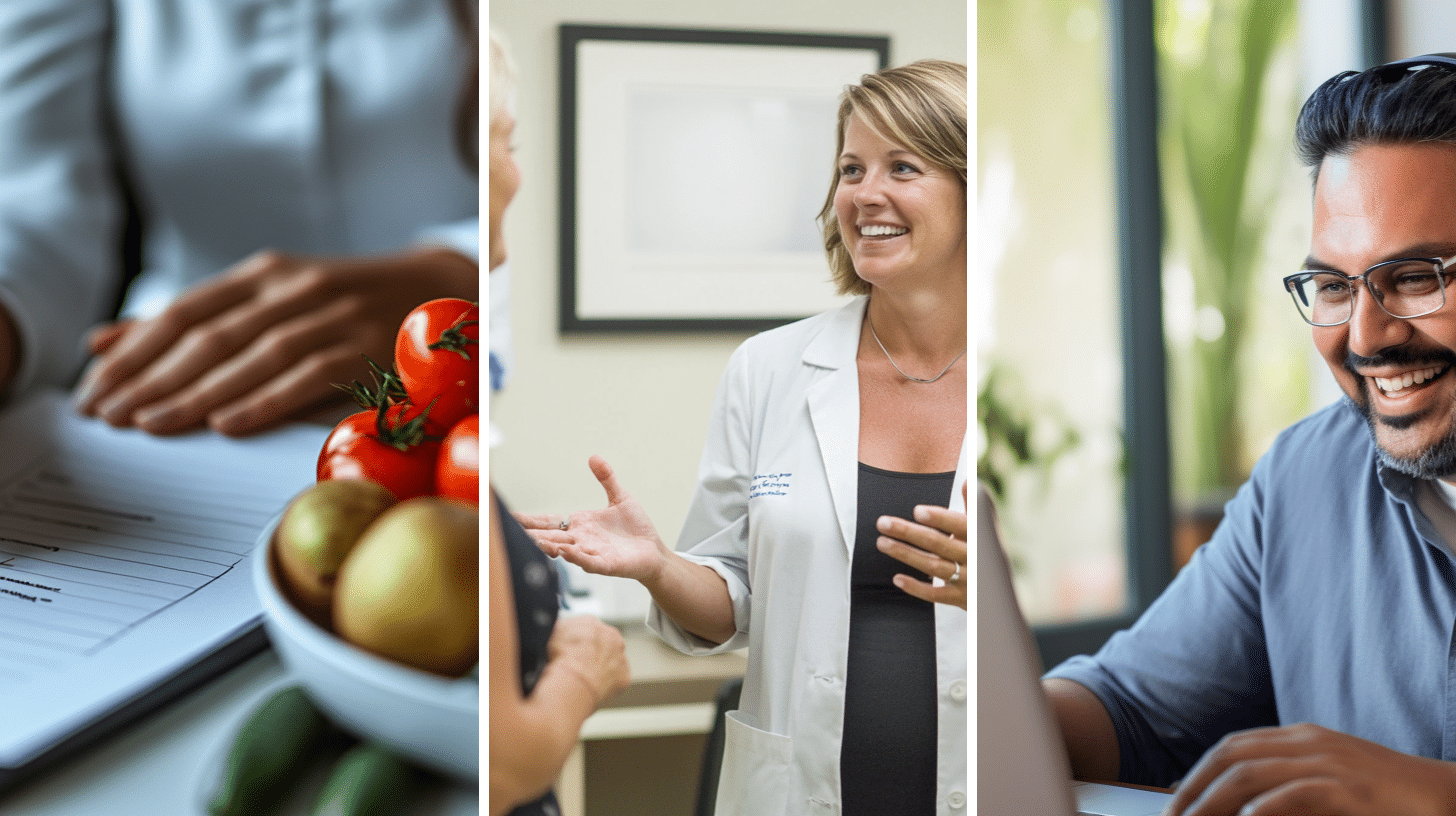 A patient writing down her meal plan, a weight loss specialist having a conversation with her patients, a man in his 50's is having an online consultation with his weight loss doctor.