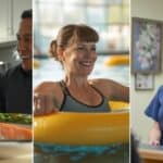 couple eating healthy food together. A 45 year old woman doing aerobic swimming. A nurse practitioner talking with a patient in the clinic lobby.