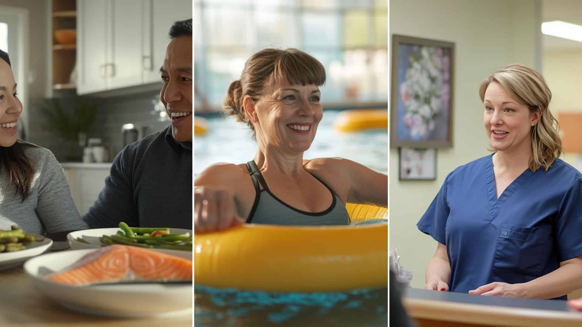 couple eating healthy food together. A 45 year old woman doing aerobic swimming. A nurse practitioner talking with a patient in the clinic lobby.