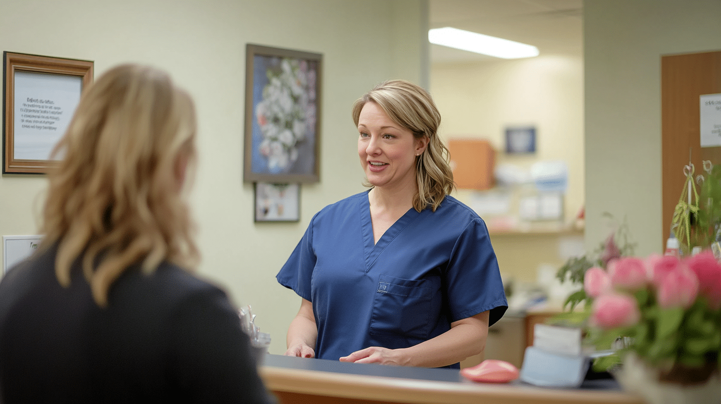 A nurse practitioner talking with a patient in the clinic lobby.