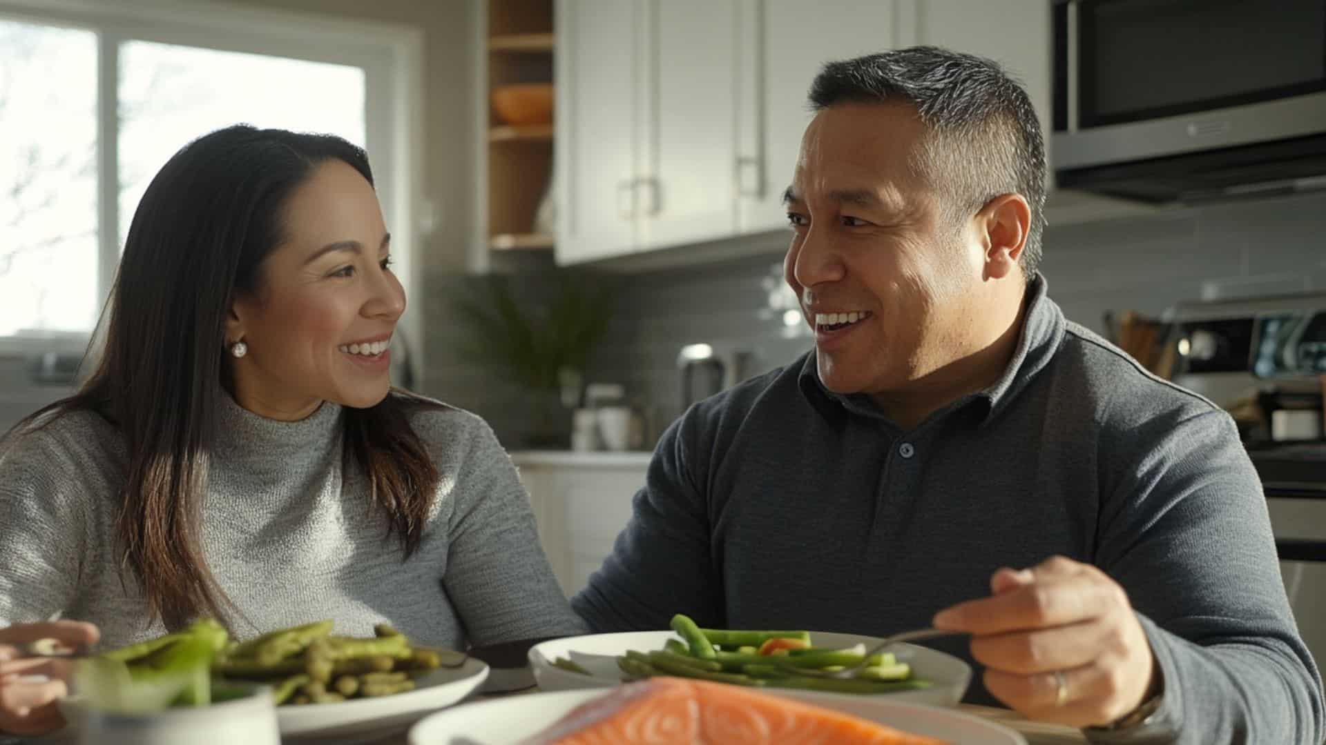 couple eating healthy food together.