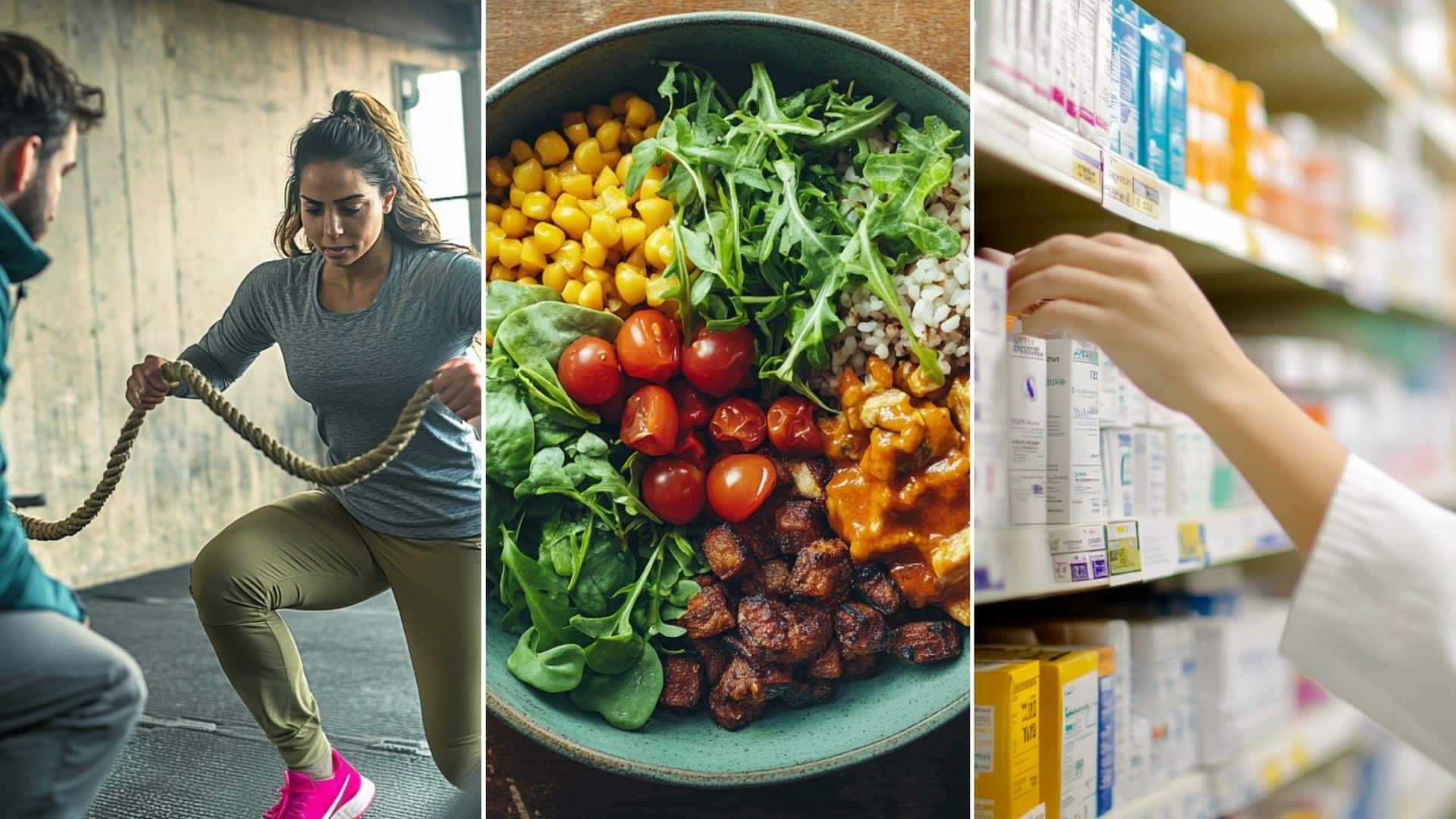 an image of realistic photo of a delicious and healthy meal at a restaurant. A focused training scene in an indoor gym with a 40 year old Hispanic woman holding battle ropes, engaging in an intense workout. a positive, professional image highlighting the use of weight loss prescriptions, specifically GLP-1 medications.