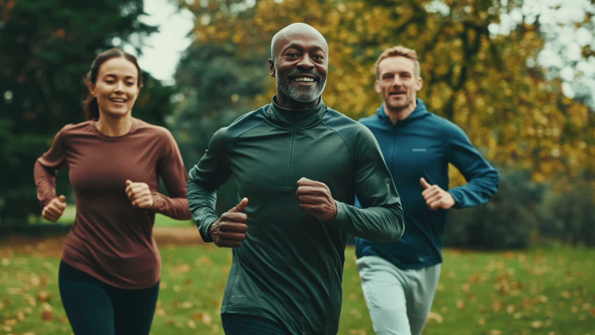 A group of diverse people running in the park.