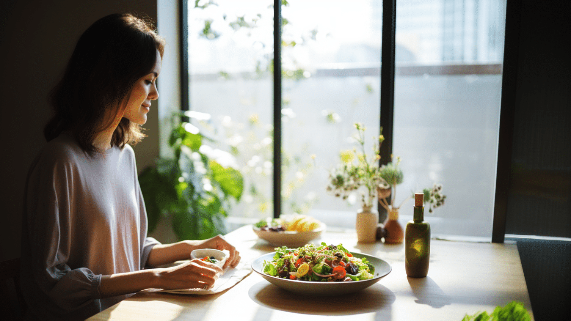 A woman eating healthy food at restaurant.