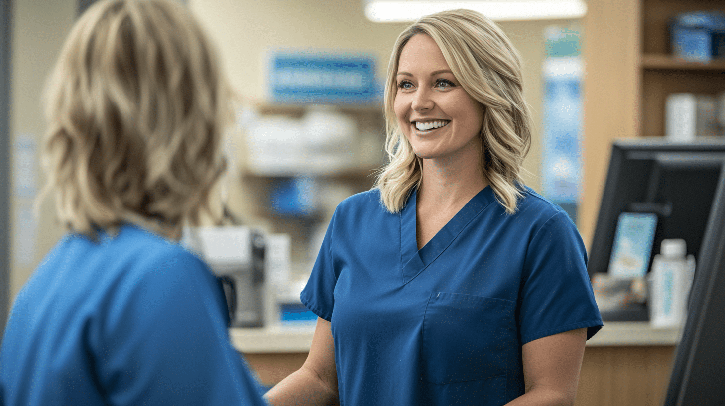 A nurse practitioner talking to a patient in the frontdesk of a clinic. Show a friendly consultant wearing a blue scrub interacting with a client in a comfortable, well-designed consultation room.