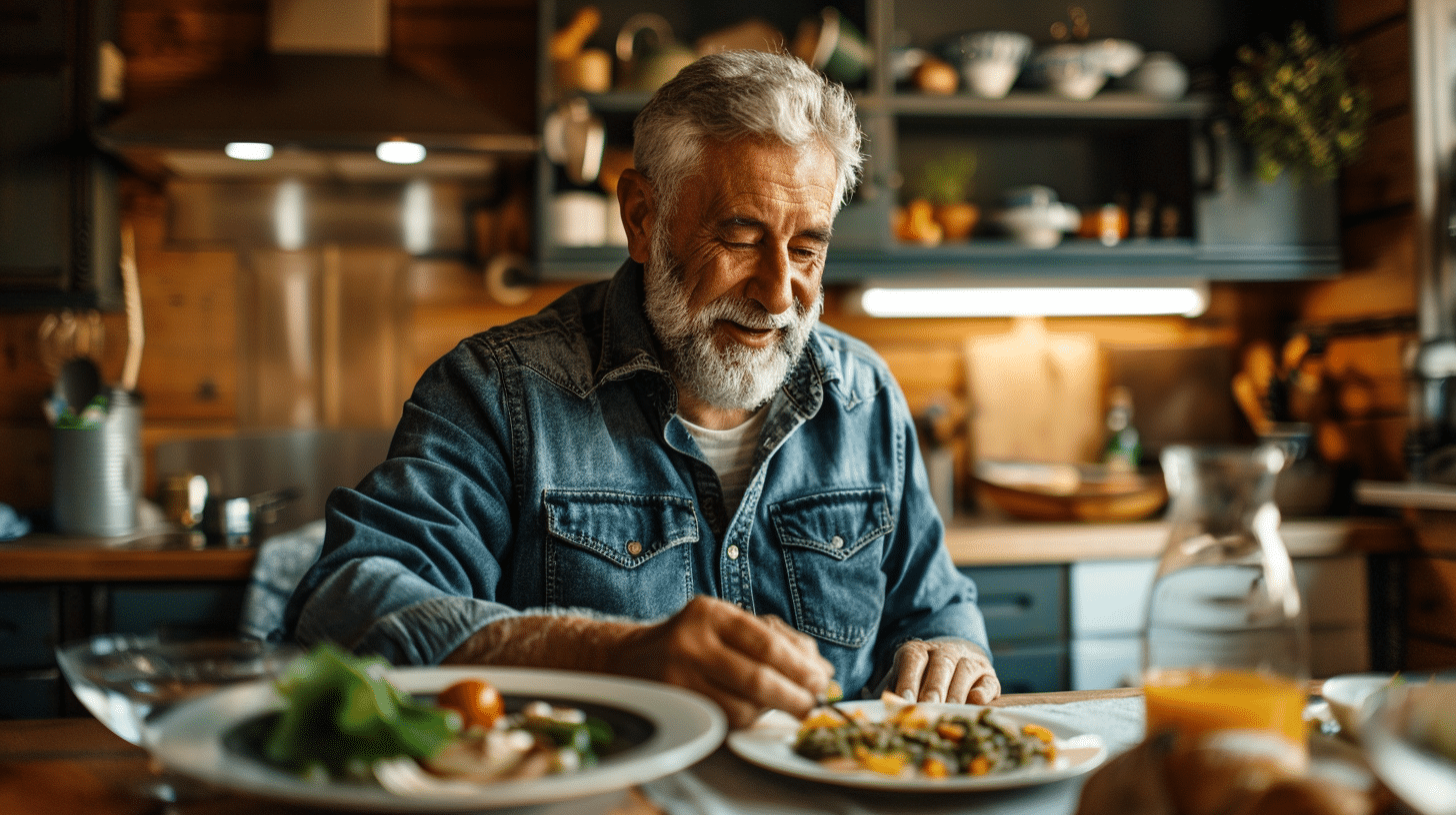 an image of a man in his 40s eating a keto-diet meal at the kitchen table, kitchen setting.