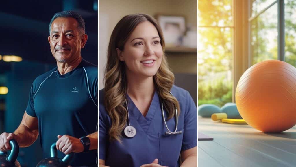 A nurse practitioner talking to a patient in a clinic setting. Show a friendly consultant wearing a blue scrub interacting with a client in a comfortable, well-designed consultation room. A yoga ball, dumbbells, and a fitness mat arranged in a gym, with natural light streaming through large windows, creating a bright and airy atmosphere. A 45-year-old Hispanic man lifting a kettlebell in a modern gym, showing determination and focus. The scene includes sleek gym equipment in the background, vibrant lighting emphasizing his strength and effort, and a motivational atmosphere. The man is dressed in a fitted workout shirt and shorts, showcasing a fit and healthy physique, with sweat glistening on his skin. The kettlebell is mid-lift, with dynamic motion captured in his pose.