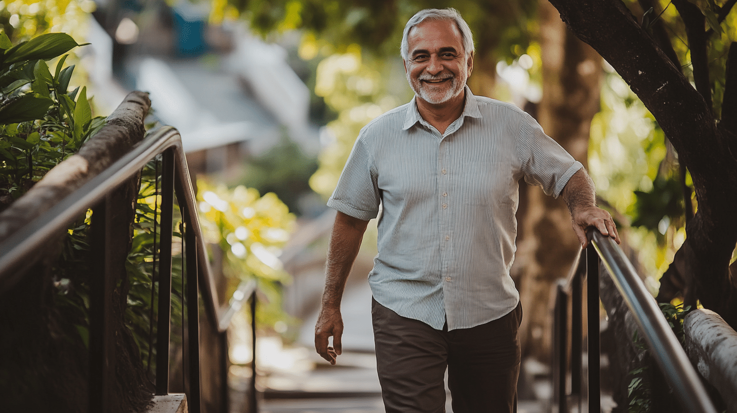 A man in his 60s walking down the stairs as part of his daily exercise routine.