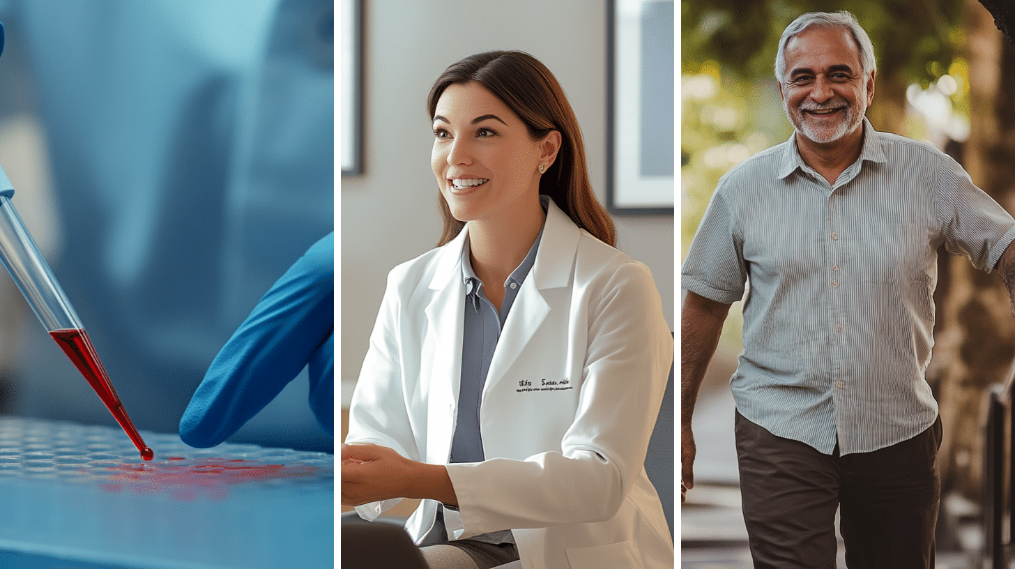 A lab technician conducting genetic testing, weight loss specialist discussing personalized weight loss plans with a patient, and a man in his 60s walking down the stairs as part of his daily exercise routine.