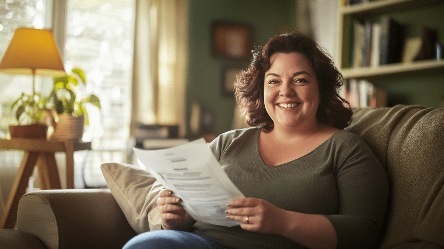 A woman sitting in her living room holding an insurance paper.