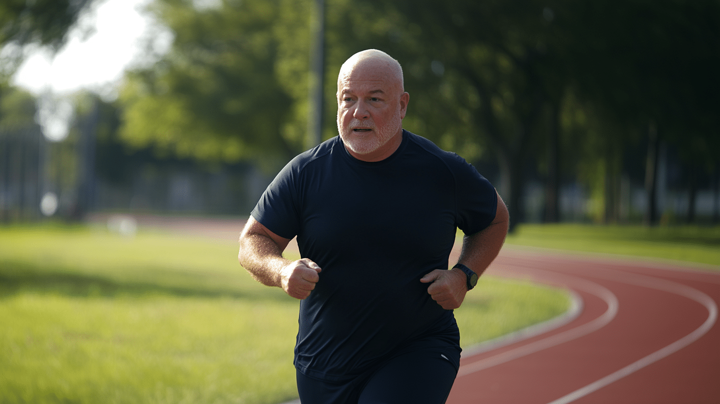 A middle-aged man running a track and field.