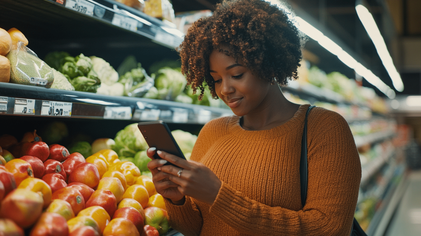 A woman in a grocery store looking at her phone for grocery list.