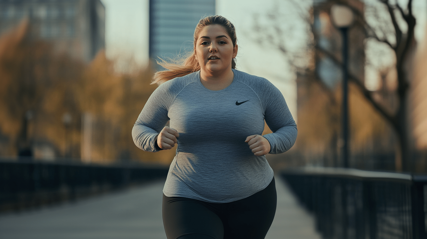 A moderately overweight woman engaging in running exercises to support weight management.