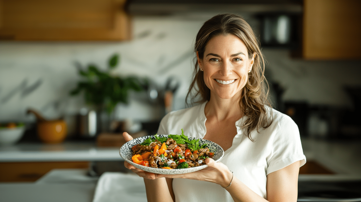 A healthy woman holding a plate.