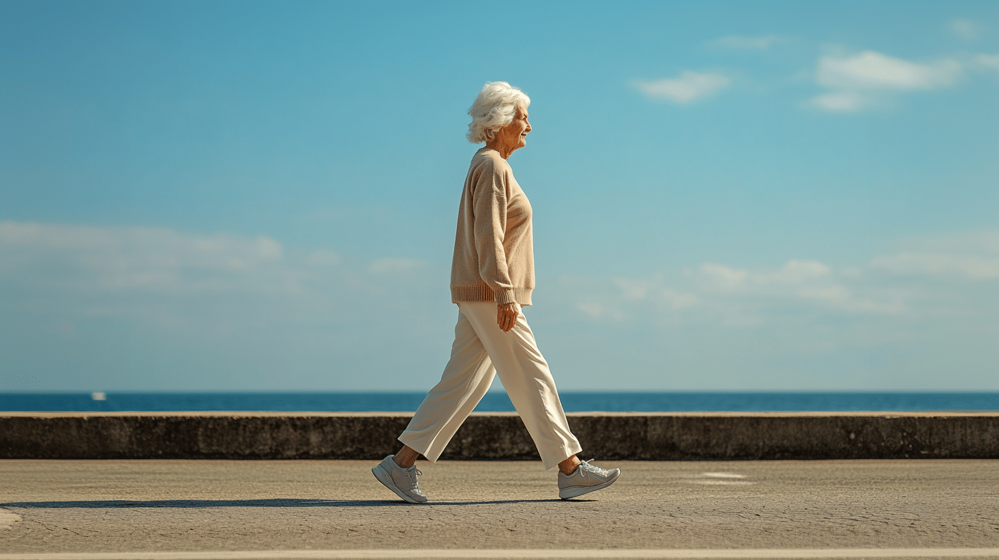 An old woman walking in the seaside.