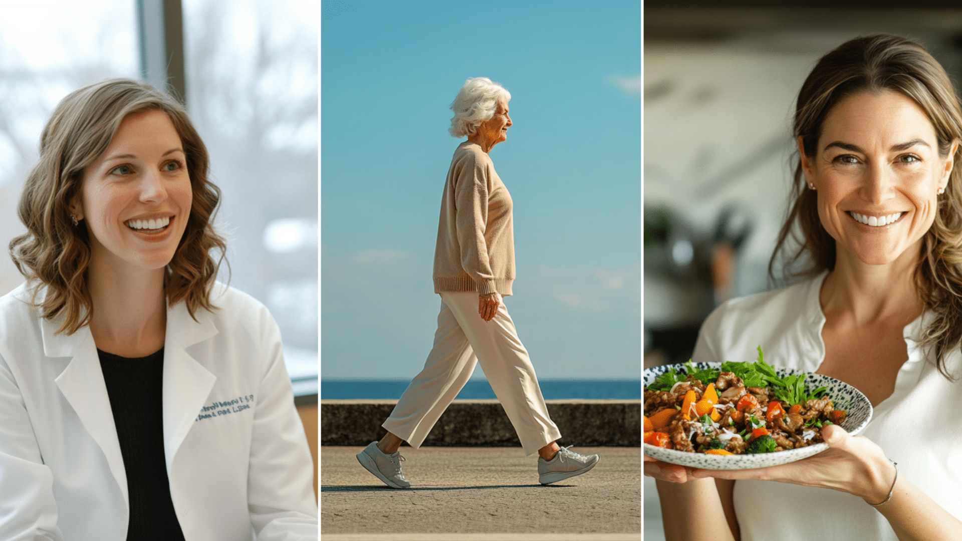 An old woman walking in the seaside.