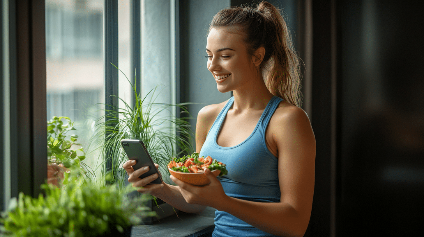 A woman using her calorie tracking app to assess the calorie content of the meal she is about to eat.