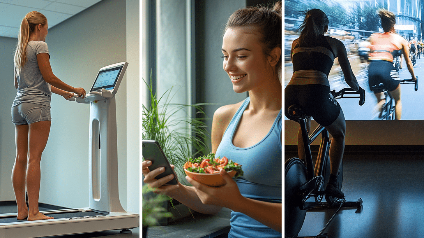 A woman is standing on an InBody machine, a woman using her calorie tracking app, and individuals exercising with the help of virtual reality fitness technology.