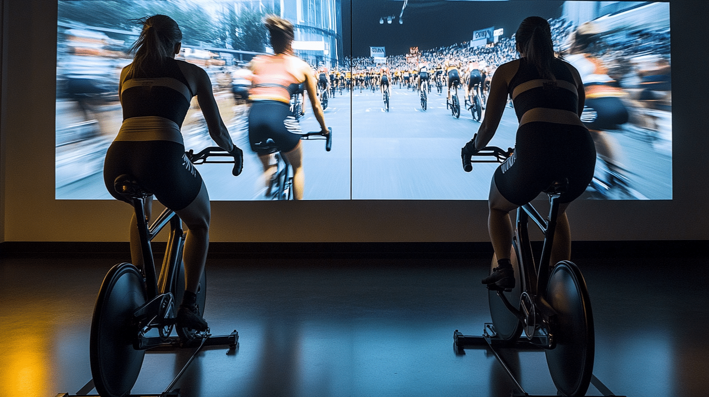 Two individuals exercising with the help of virtual reality fitness technology.