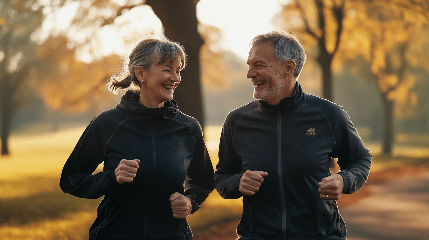 A happy senior couple enjoying their daily exercise routine together.