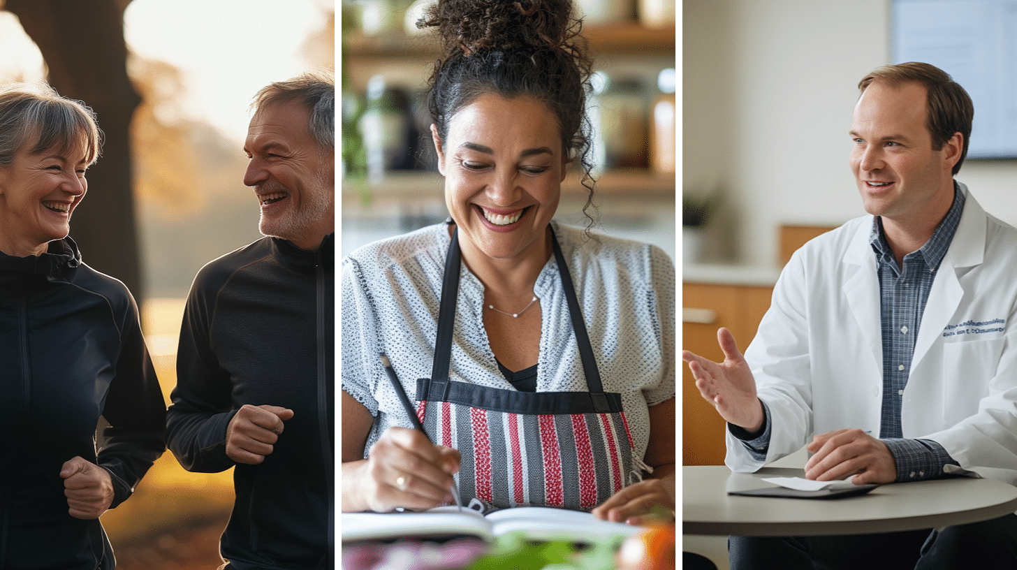 A happy senior couple enjoying their daily exercise routine together, a weight loss patient keeping a food journal, and a weight loss doctor discussing about personalized health goals with her patient.