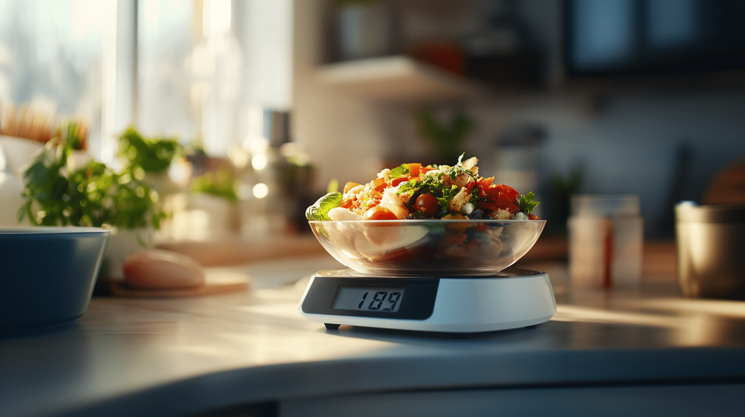 A bowl of salad on top of food scale.