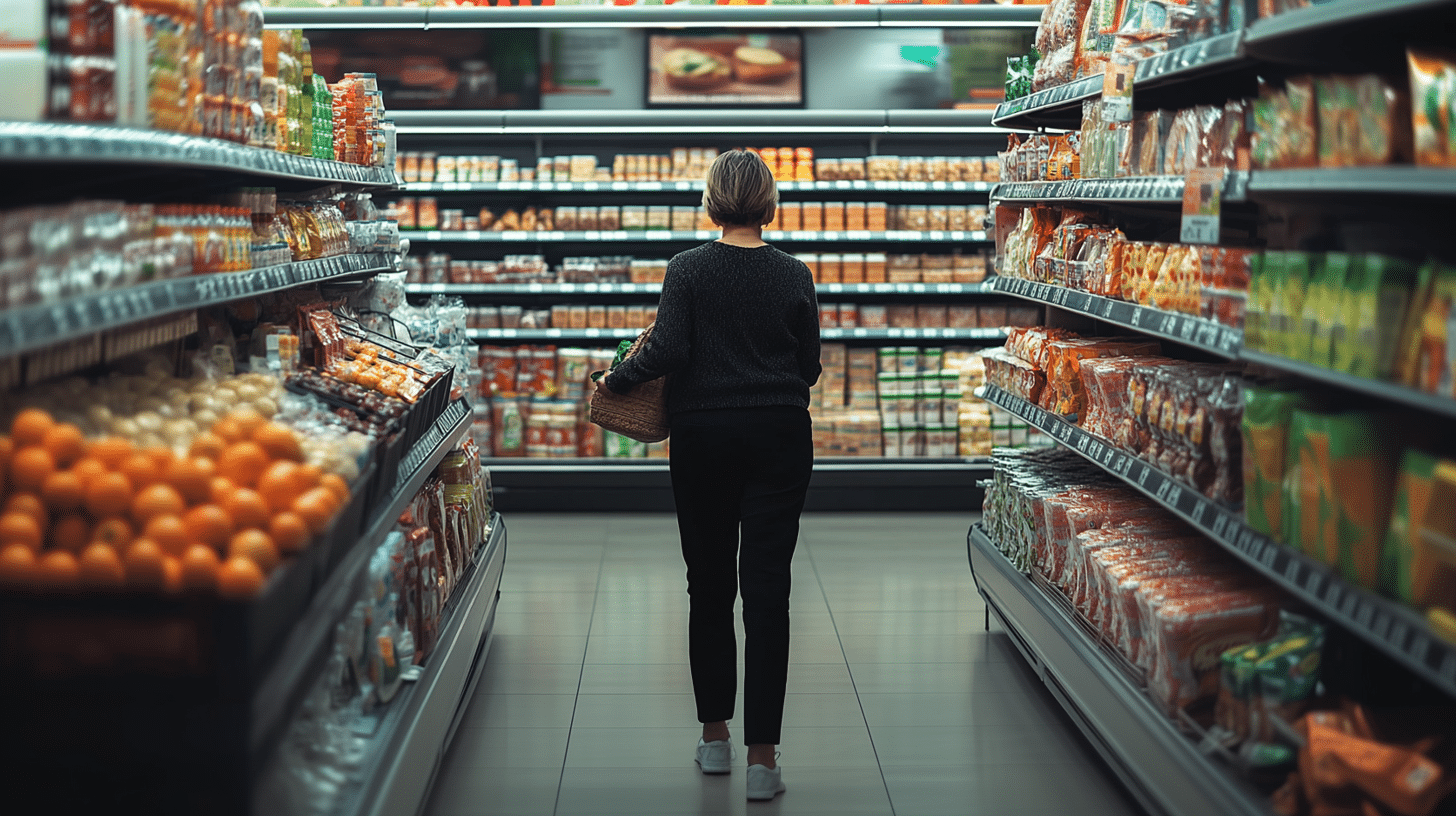 A middle-aged woman at the grocery store.