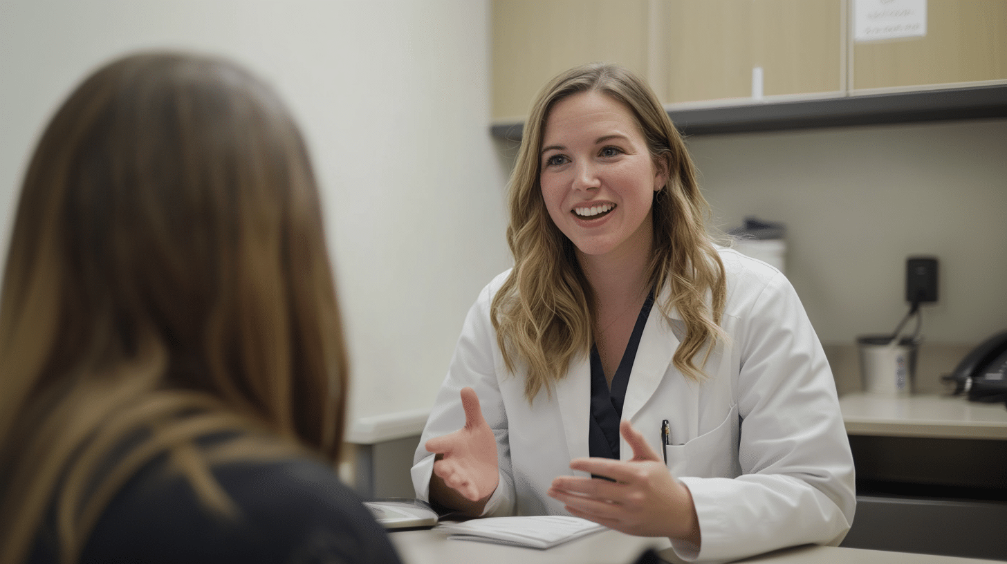 A weight loss doctor having a conversation with her patient.