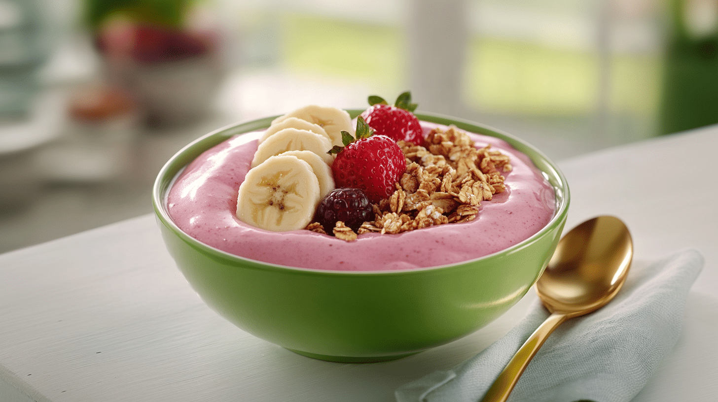 A bowl of delicious yogurt with banana and strawberry.