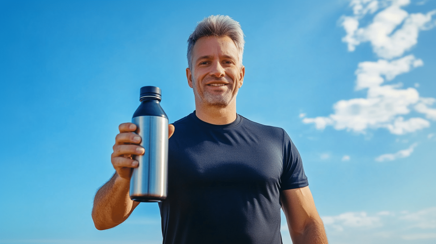 A man in her 40's holding his tumbler.