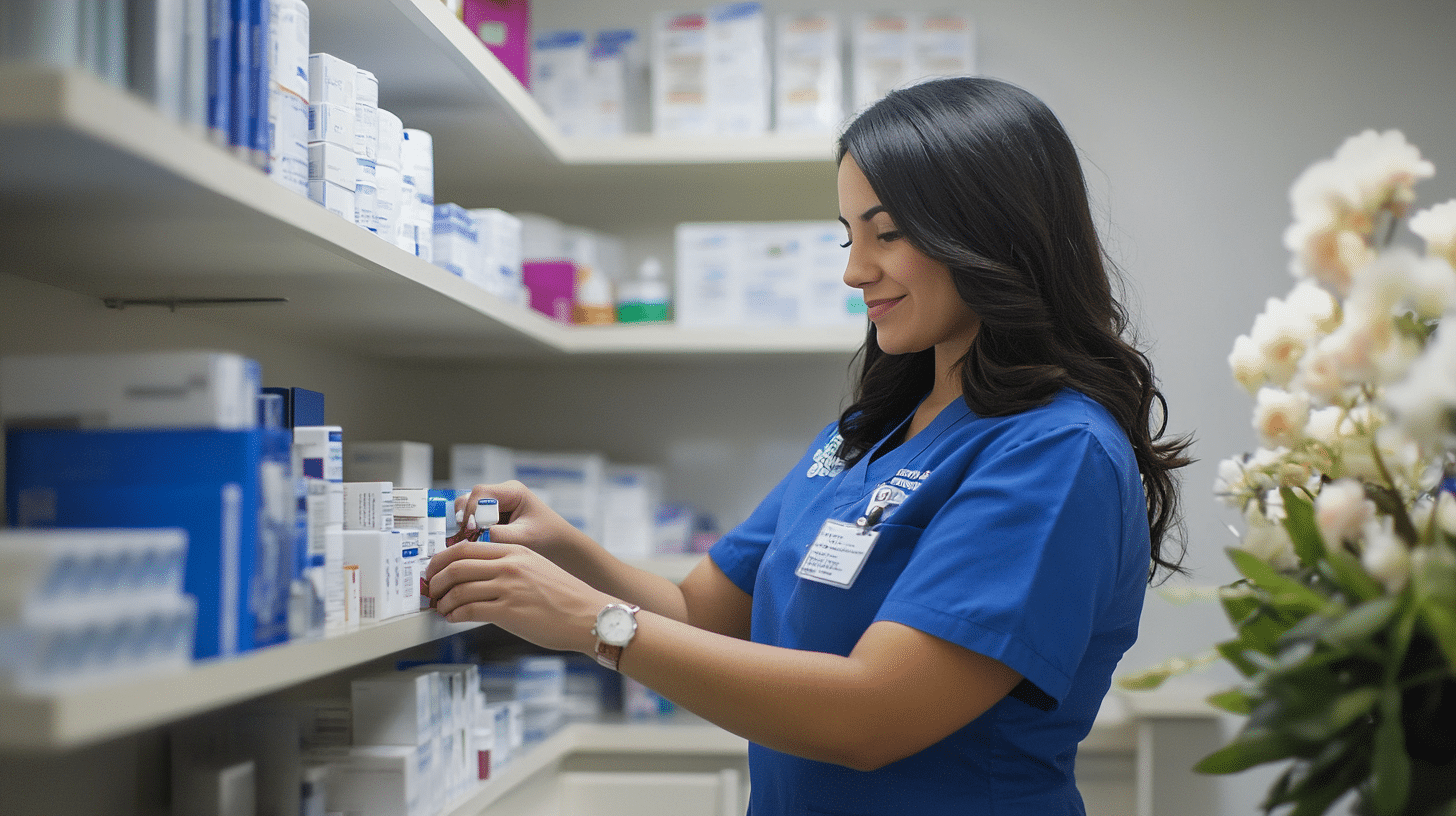 a Hispanic woman nurse in blue scrubs checking medication for her patient in a bright, elegant, and inviting clinic atmosphere.