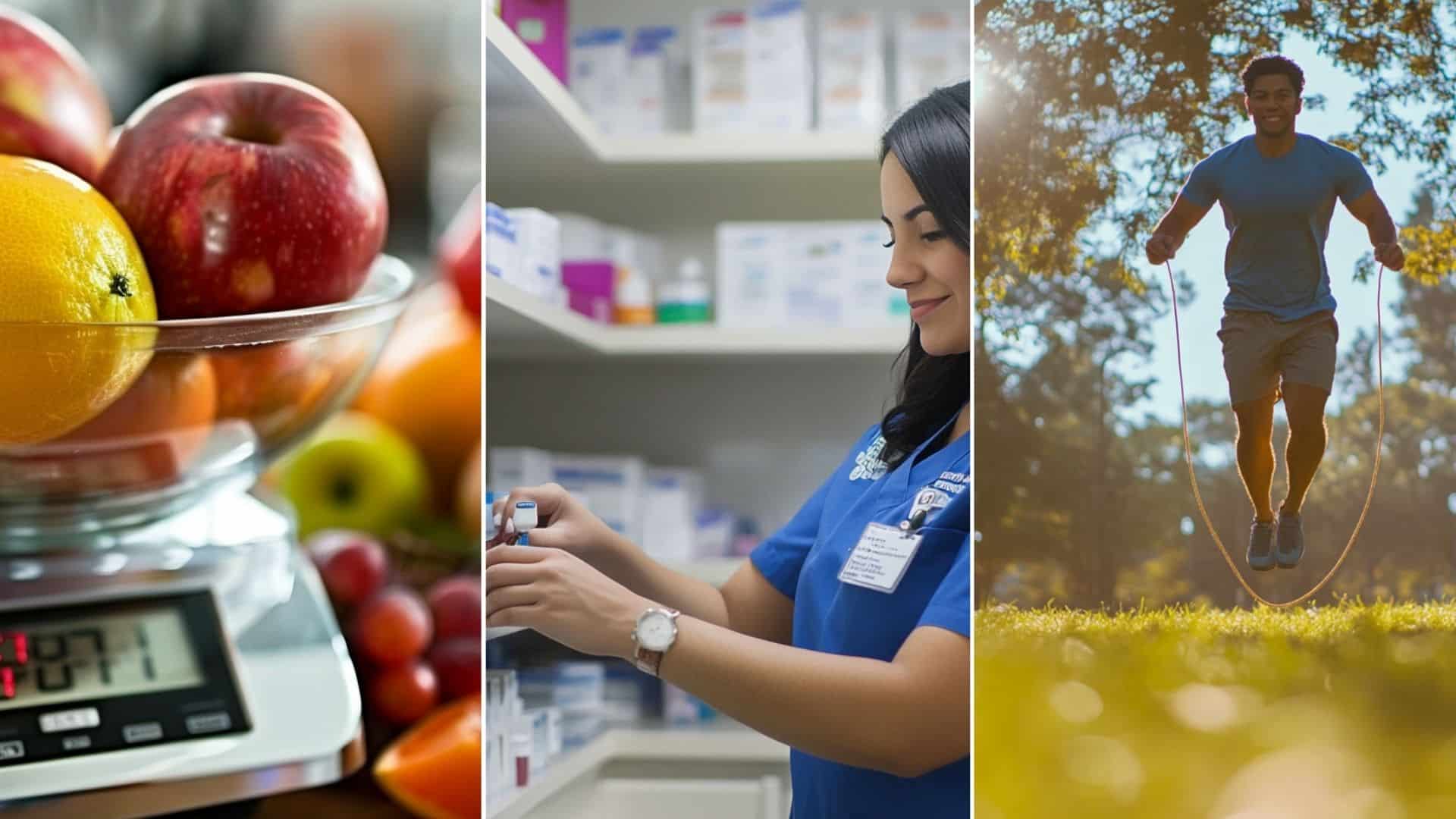 ealistic measuring cup full of ripe, fruits on the scale, which has a digital display. "1 lb" on the display. a Hispanic woman nurse in blue scrubs checking medication for her patient in a bright, elegant, and inviting clinic atmosphere. A Hispanic man jump roping in a vibrant park, surrounded by greenery, with sunlight filtering through trees. The man is in motion, showcasing his athleticism in a natural, peaceful setting. Prem