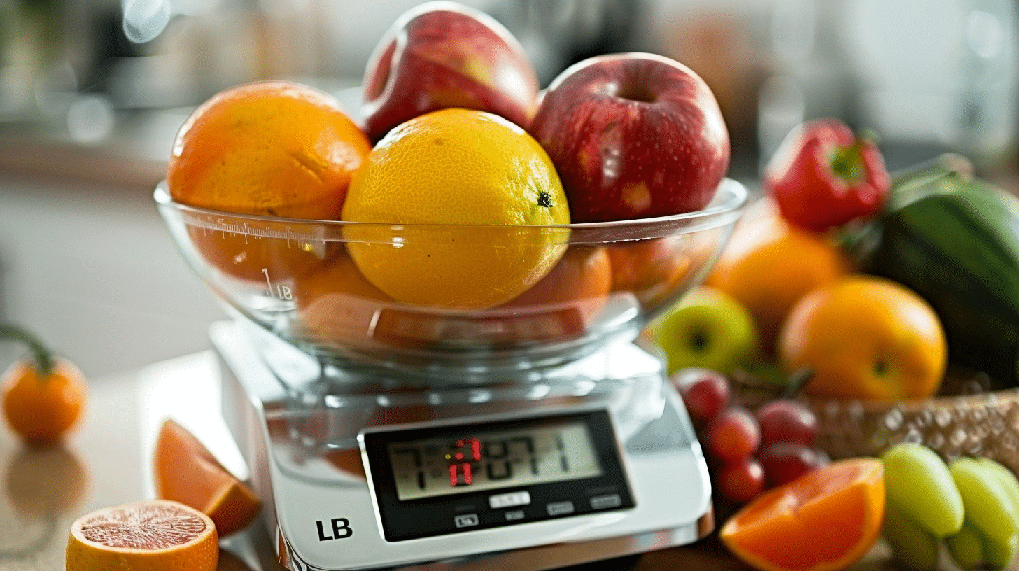 ealistic measuring cup full of ripe, fruits on the scale, which has a digital display. "1 lb" on the display.