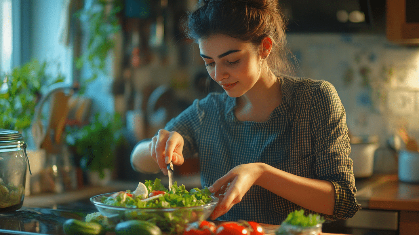 A young Hispanic woman preparing a salad in a cozy kitchen, cutting vegetables on a wooden board. She is holding a sliced tomato above a glass bowl filled with fresh vegetables, creating a healthy meal.