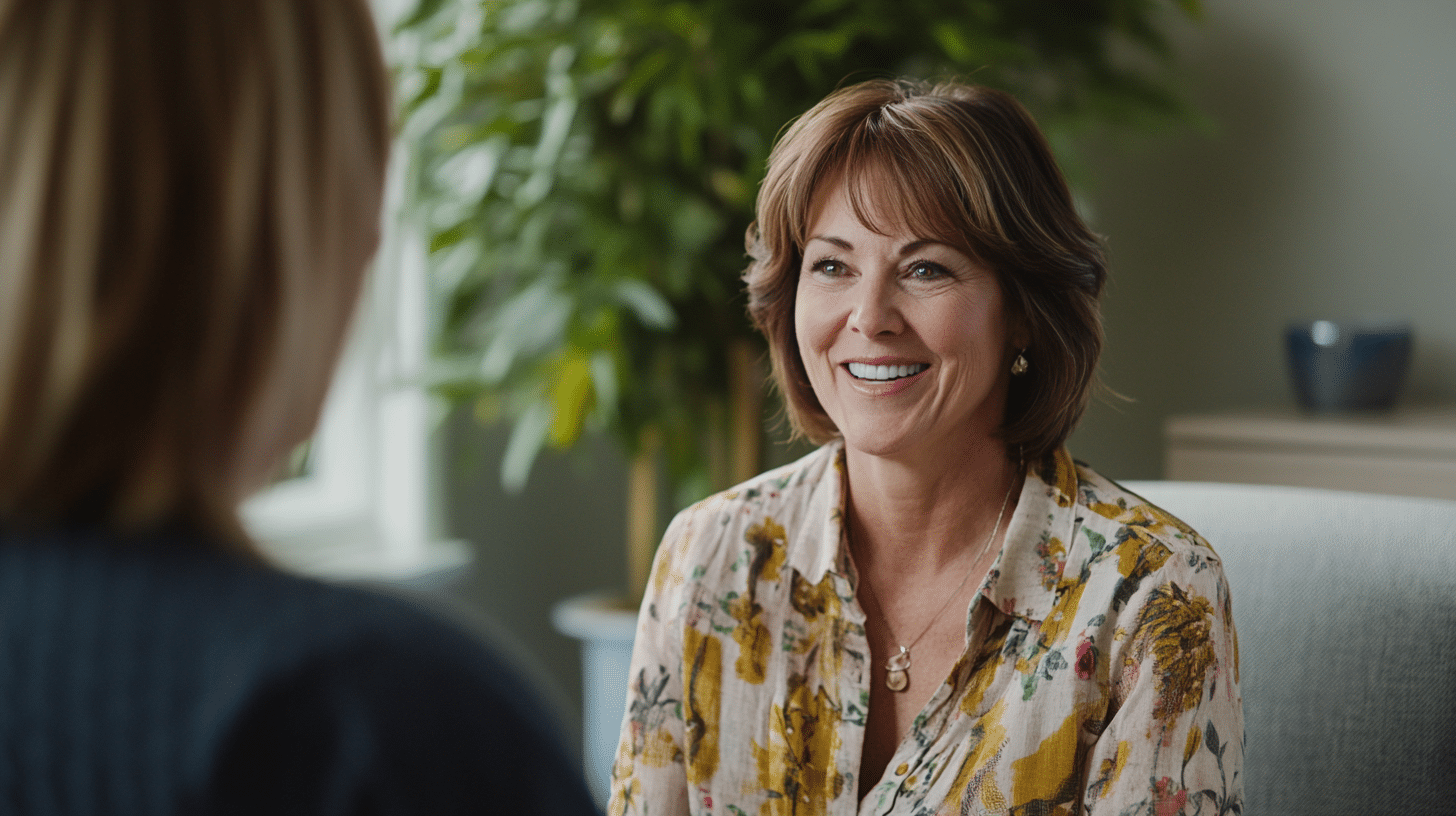 A welcoming and professional clinic setting. Show a friendly consultant in simple, casual clothing interacting with a nurse in a comfortable, well-designed consultation room with a plant in the background. The 50 year old patient is talking to the nurse practitioner.