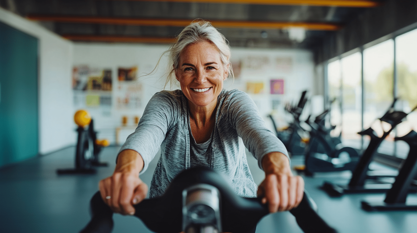 A white woman enjoying her time on the gym.