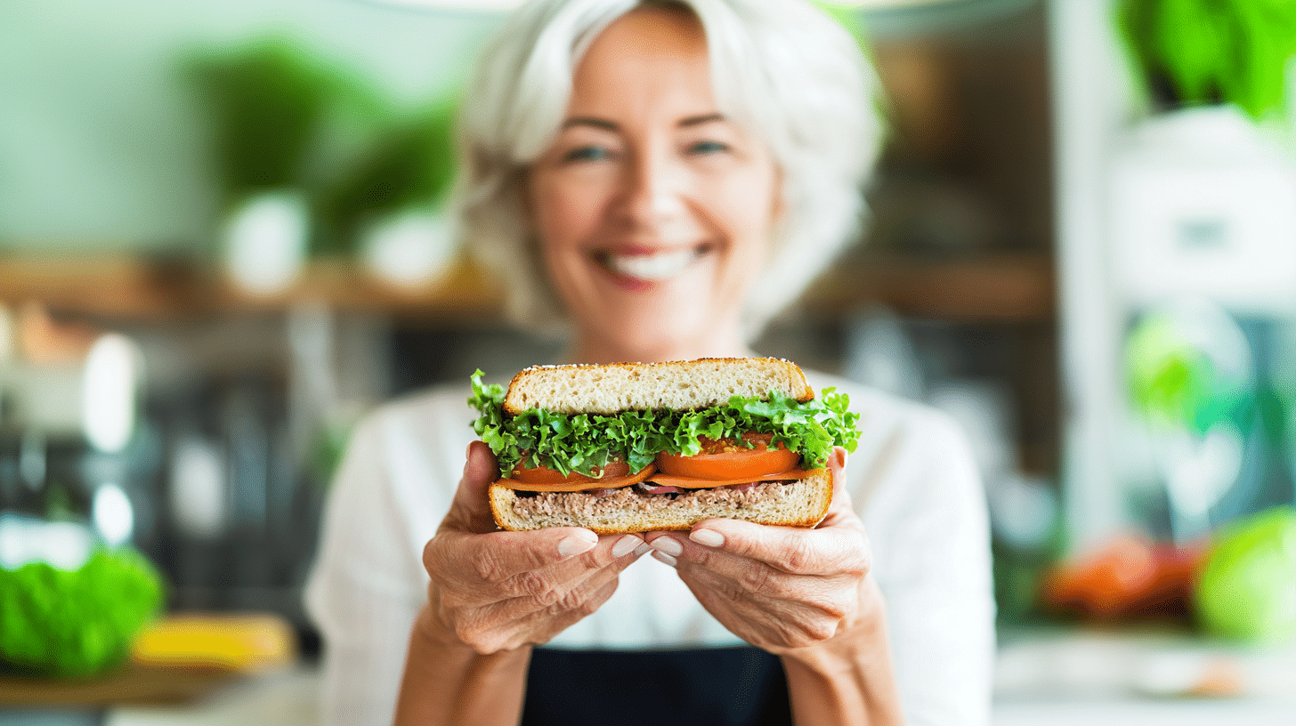 An old woman holding a healthy sandwich.