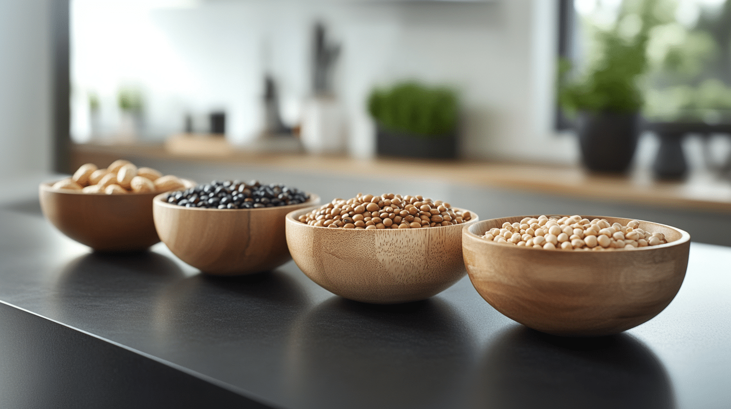 A bowls of beans on top of the modern kitchen island.