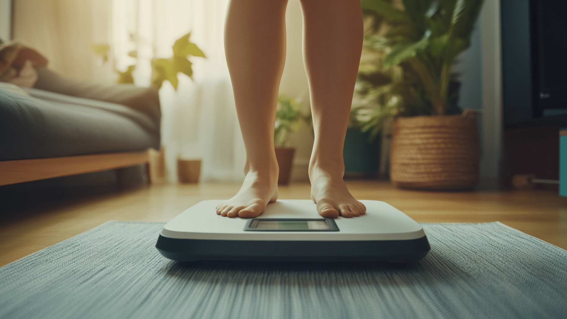 A woman standing on a white digital scale.