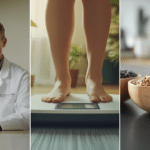 A woman standing on a white digital scale.