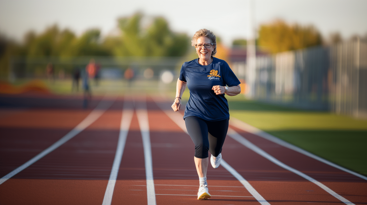 An old woman enjoying her time running on a track.