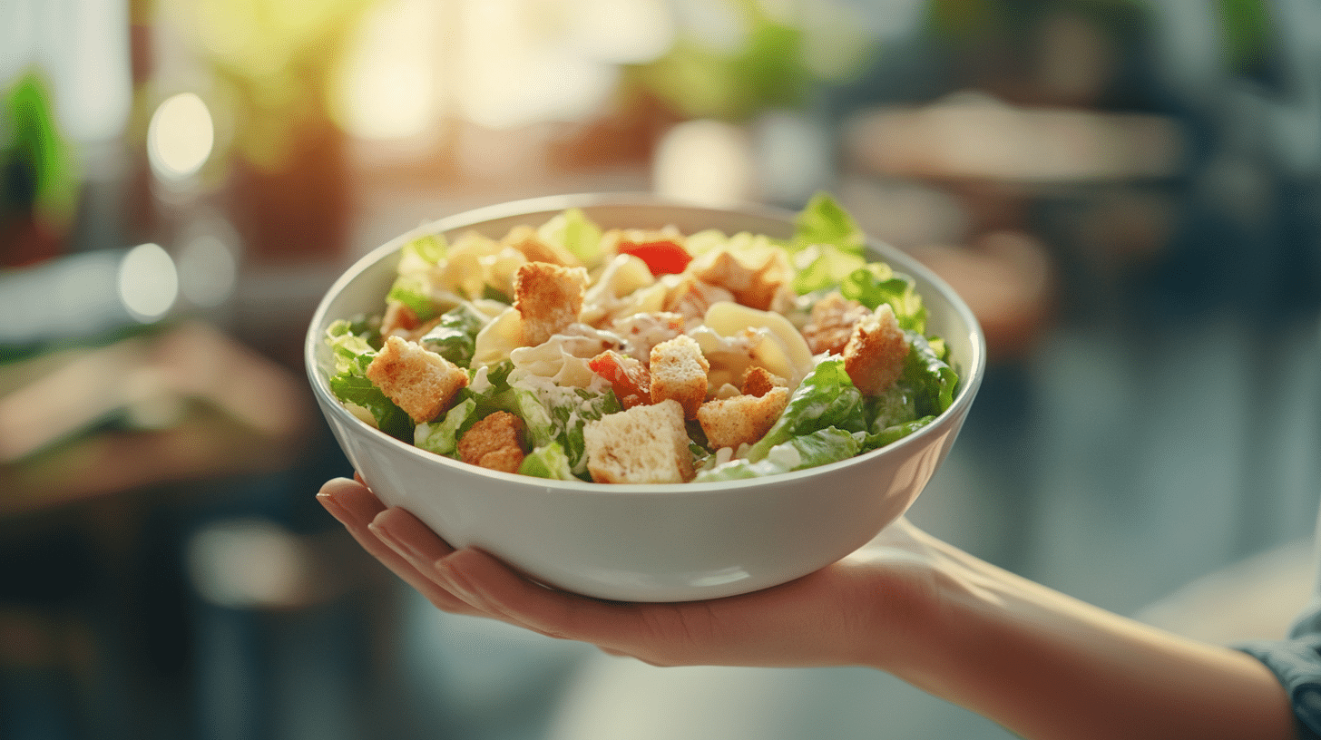 A hand holding a healthy bowl of caesar salad.